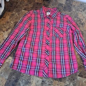 Gap "The Fitted Boyfriend Shirt" Size XS Pink Plaid Button Up With Front Pocket